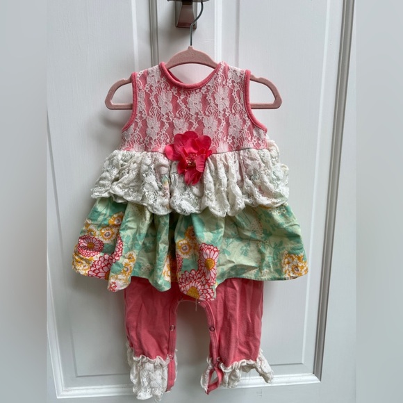 Peaches and Cream 24M Funky Pink, White and Green Button Up Jumpsuit - Picture 1 of 6